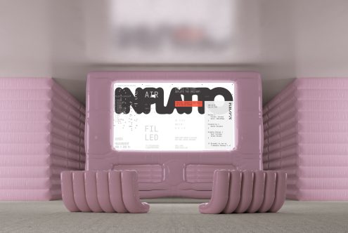 3D generated inflatable couch in pink hue with display screen showcasing design and typographic elements in a minimalist room. Ideal for mockups category.