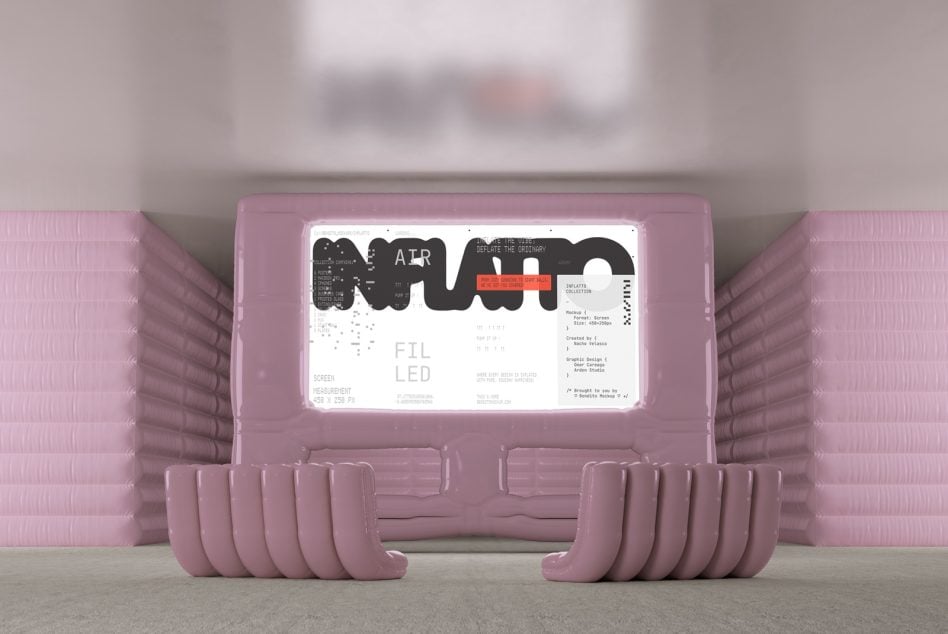 Pink inflatable device mockup front view with ribbed handles displaying screen content