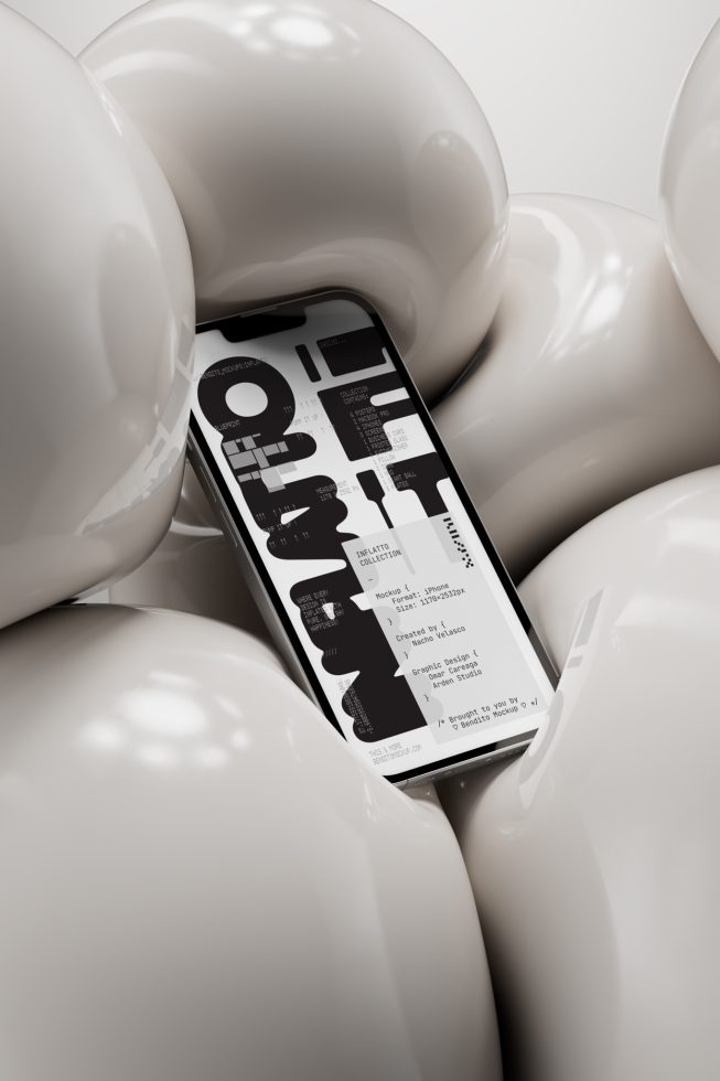 Smartphone screen showcasing black and white typographic design surrounded by glossy abstract shapes, ideal for mockup graphics display.