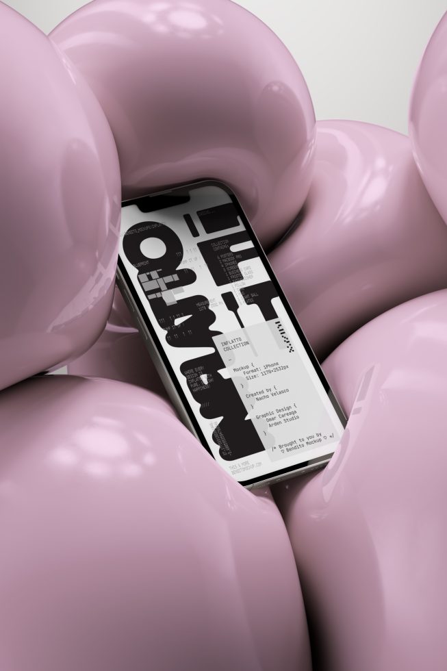 Smartphone screen mockup with abstract graphic design displayed, surrounded by glossy 3D balloons, ideal for presentations and portfolio showcases.