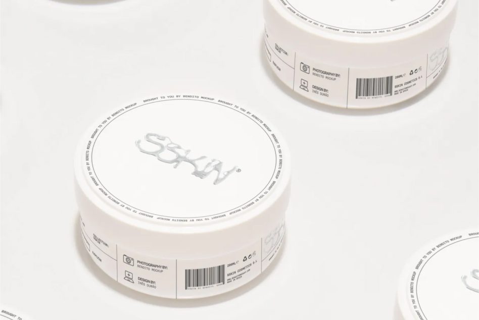 White cosmetic jar shown from above with detailed product label visible