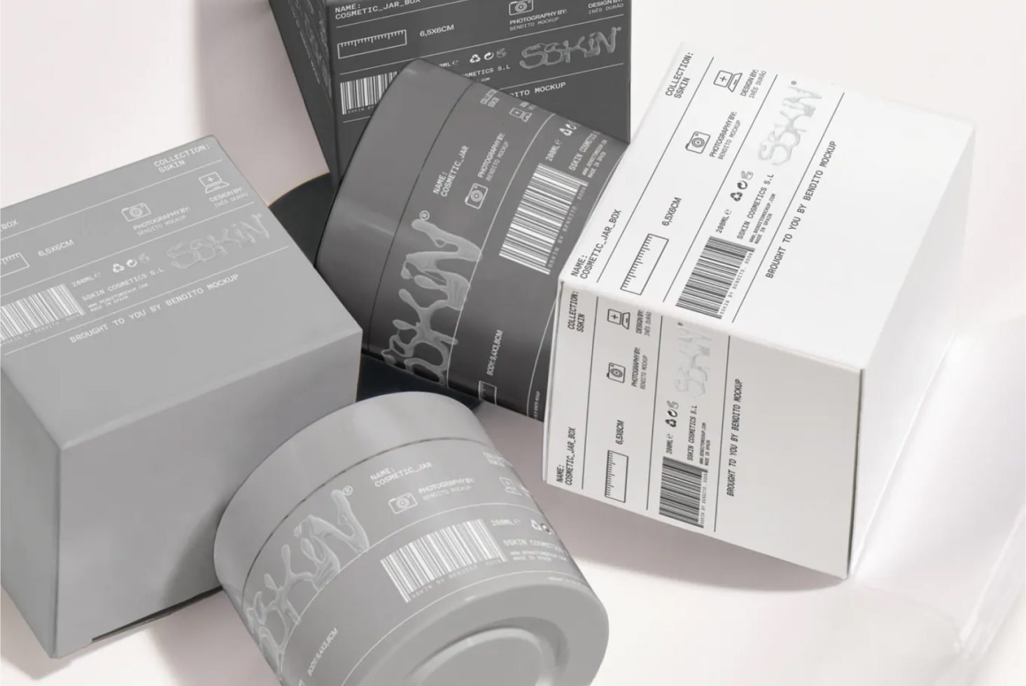 Variety of cosmetic packaging mockups in grayscale with modern design elements, ideal for branding presentations and graphic design projects.