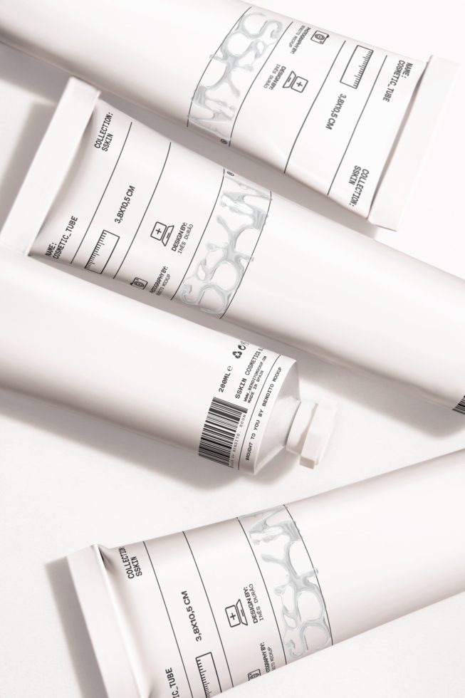 Cosmetic tube mockup in a clean, minimalist setting, perfect for skincare packaging design presentations for designers.