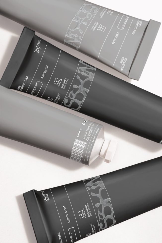 Elegant cosmetic tube packaging mockup with modern design, monochrome colors, ideal for beauty products presentation and branding.