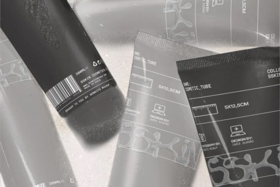Cosmetic packaging mockup with multiple tubes in grayscale, product branding, beauty industry design, layered PSD graphics, ready for customization.