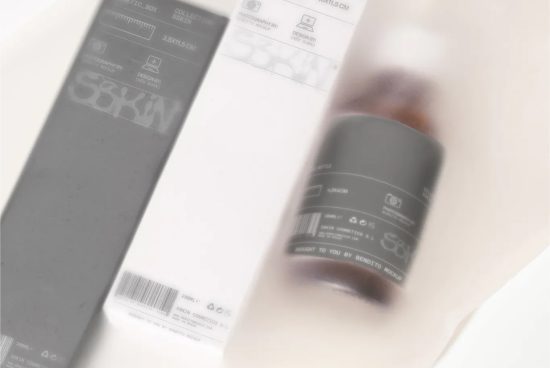 Blurred image of cosmetic bottles packaging, ideal for mockup designs, showcasing labels and branding for beauty products.