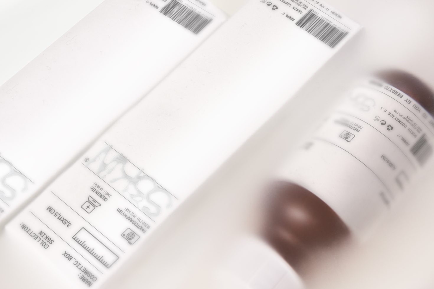 Blurry image of packaging mockups with barcodes, ideal for design presentations, product mockups category, appealing to professional designers.