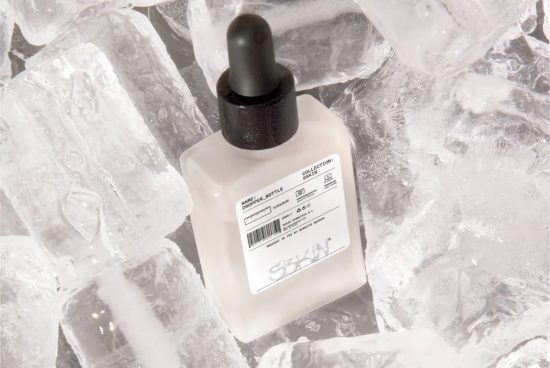 Cosmetic dropper bottle mockup with label, surrounded by ice cubes, ideal for product branding and packaging designs.