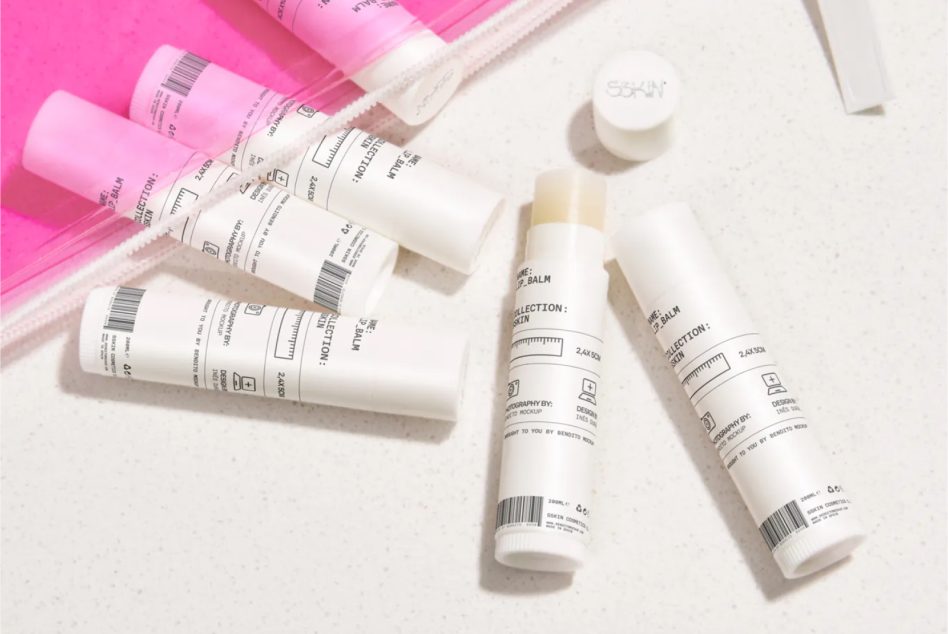 Skincare tube mockup with hot pink bottles on white background with shadows