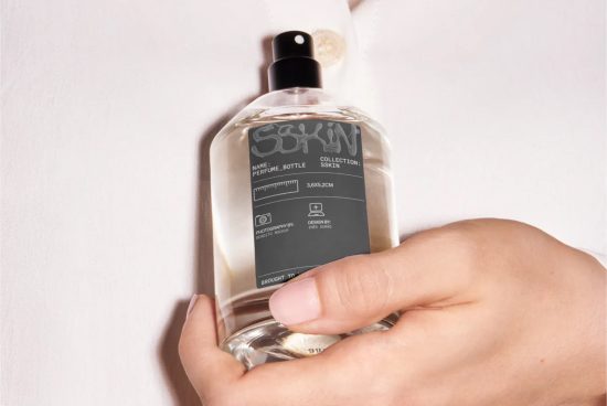 Hand holding clear perfume bottle mockup with customizable label, ideal for product presentation, packaging design, branding elements.