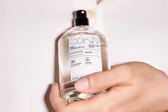 Hand holding clear perfume bottle with modern label design, showcasing label mockup for branding and packaging design.