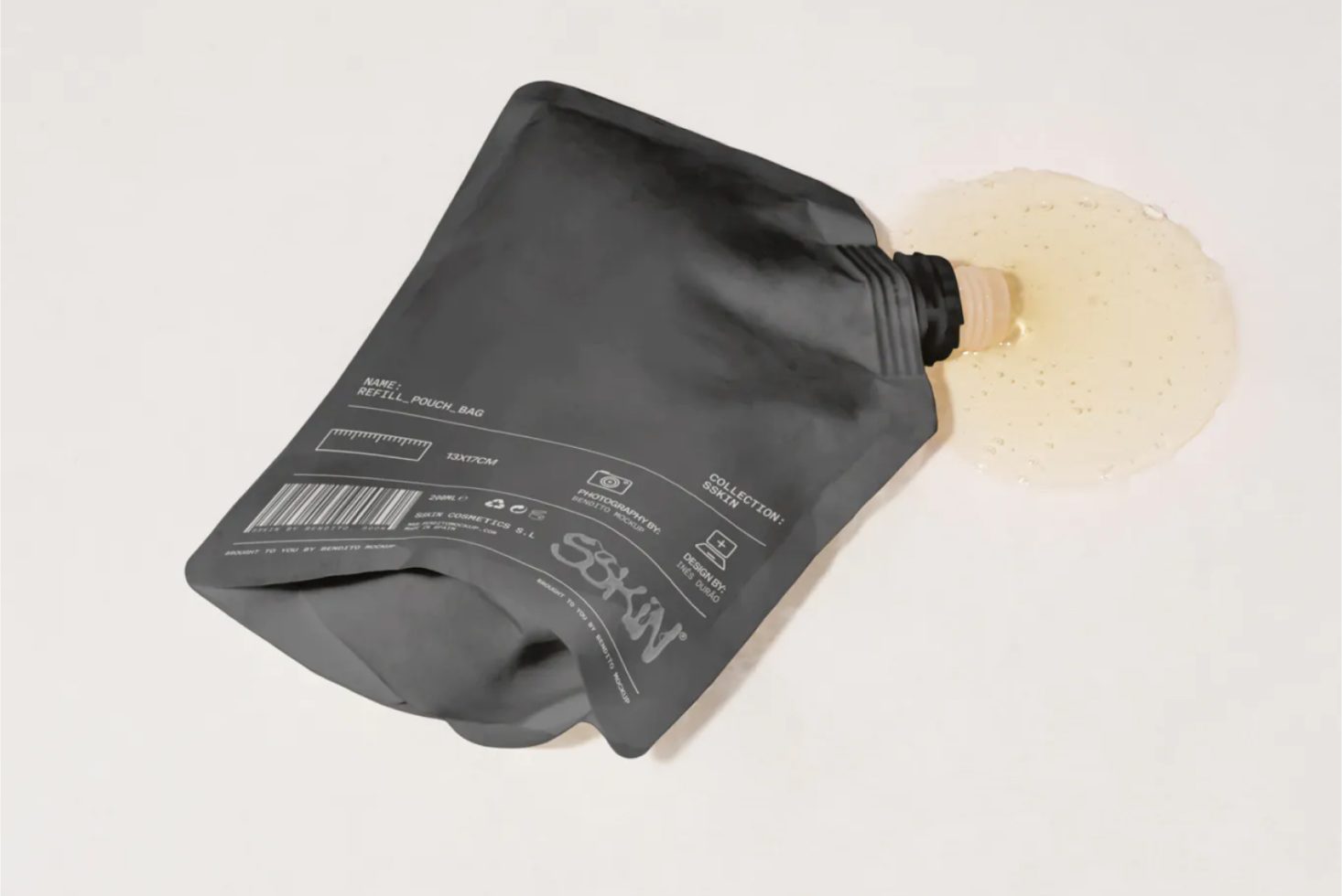 Black refill pouch bag mockup with spilled content on light background, realistic packaging design template for designers.