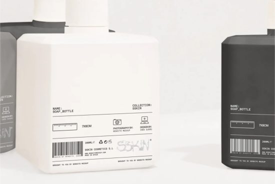 Minimalistic white and black soap bottle mockups with editable labels, perfect for presentations, cosmetics branding, and packaging designs.