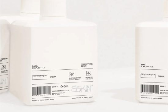 Blank label soap bottle mockup in a clean, minimalist setting, ideal for packaging design presentation and branding graphics.