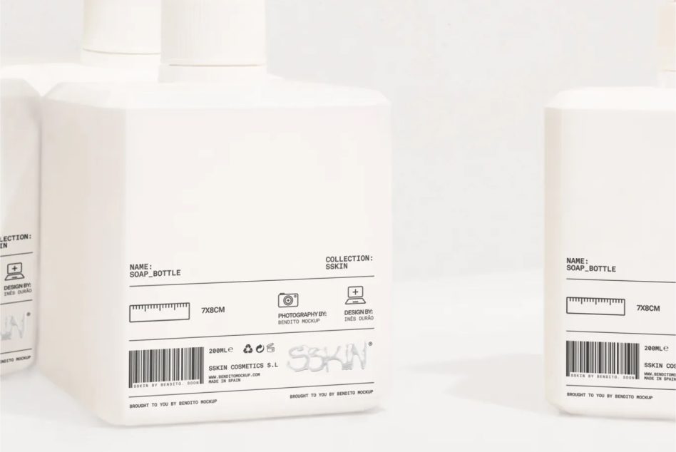 Blank label soap bottle mockup in a clean, minimalist setting, ideal for packaging design presentation and branding graphics.