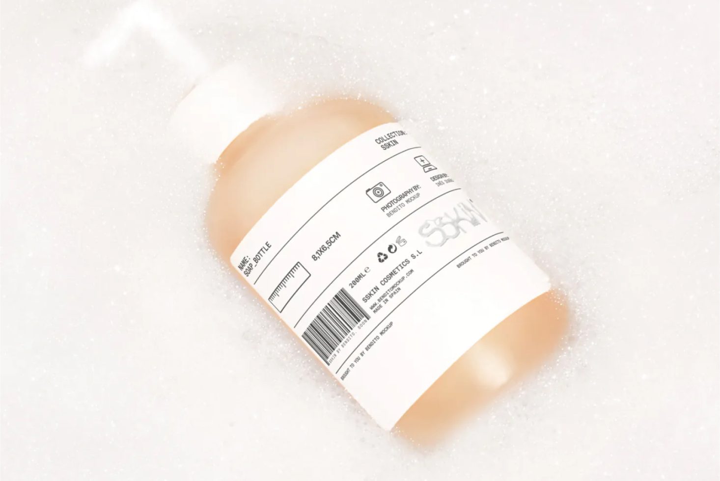 Cosmetic bottle label mockup in a bubbly bath setup, showcasing packaging design for beauty and skincare products, ideal for designer portfolio.