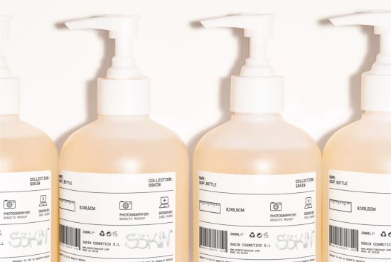 Beauty product mockup featuring four labeled pump dispenser bottles for lotion or soap, perfect for skincare packaging graphics.