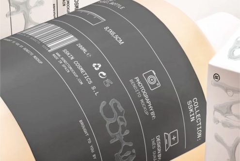 Cosmetic bottle label mockup design with barcode, detailed text, and icons on curved surface for presentation templates, packaging, and branding.