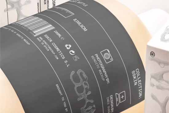 Cosmetic bottle label mockup design with barcode, detailed text, and icons on curved surface for presentation templates, packaging, and branding.