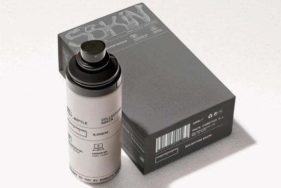 Spray bottle with label and black box mockup for product design presentation, showcasing packaging graphics and label design in a professional layout.
