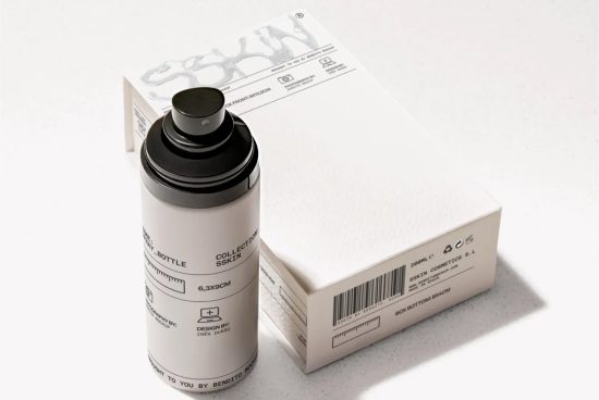 Minimalistic spray bottle and packaging design mockup, ideal for cosmetic branding presentations by designers.