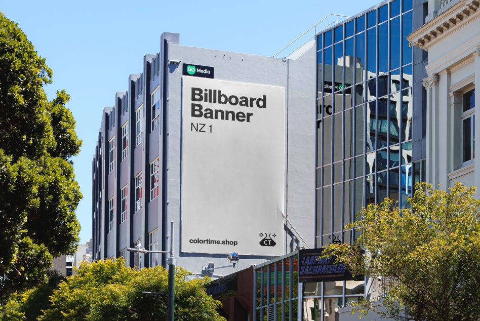 Urban billboard banner mockup on building exterior for advertising design presentation, clear sky, realistic city environment.