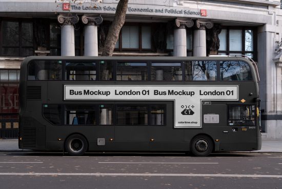 London double-decker bus mockup in urban setting ideal for advertising and vehicle branding - realistic graphics template for designers.