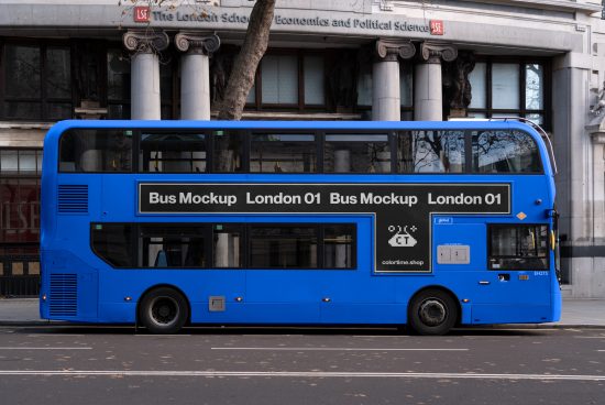 Blue London double-decker bus mockup parked on city street with building in background, ideal for advertising and design presentations.