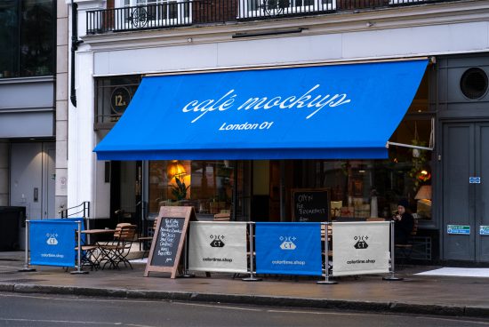 Blue cafe storefront mockup with signage, outdoor seating, and street in London for designers creating branding assets.