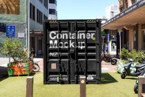 Black shipping container with large white text reading Container Mockup NZ1