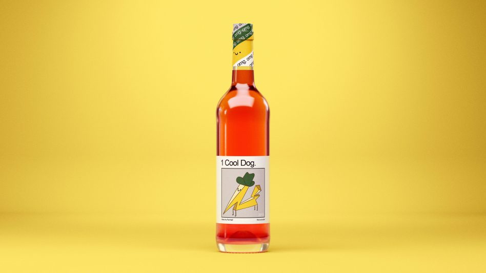 Product mockup featuring a bottle with a playful label design on a vivid yellow background, ideal asset for presentations and branding.