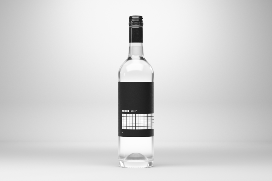 Clear wine bottle mockup with black label, minimalist design, studio lighting, perfect for presentations and packaging designs.