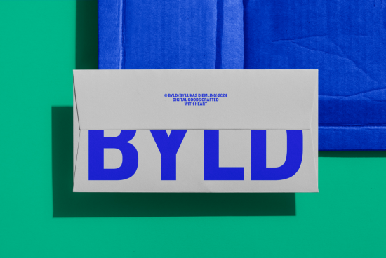 Creative envelope mockup with contrasting blue and white typography design, showcasing bold font on a green background with textured blue fabric.