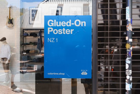 Blue urban glued-on poster mockup on a store window with reflections, showcasing outdoor advertising and branding design potential for graphic designers.