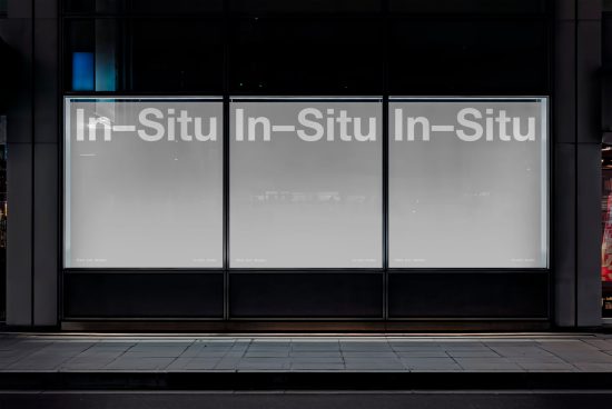 Modern storefront window mockup for displaying branding and design projects, in a night urban setting, ideal for graphic designers.