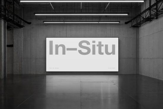 Industrial style poster mockup in a modern gallery with concrete walls and reflective floor for showcasing designs.