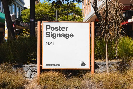 Urban street poster mockup on a signboard with natural background for advertising and branding design presentations.