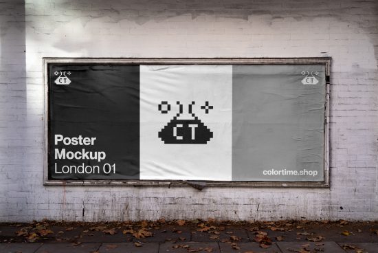 Outdoor poster mockup on a brick wall with urban setting for graphic designers to showcase work, including pixel art and branding.