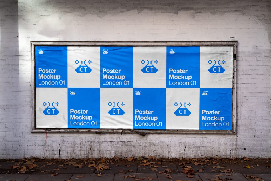 Large outdoor billboard with blue white grid pattern poster layouts