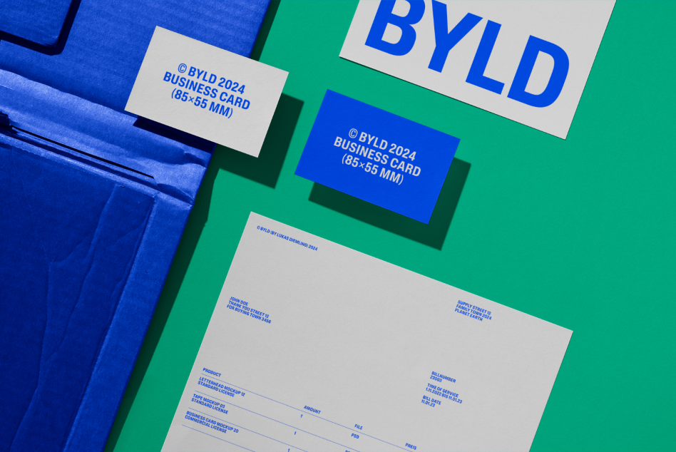 Vibrant business card and letterhead design mockups on green and blue backdrop, showcasing contemporary corporate branding and stationery templates.