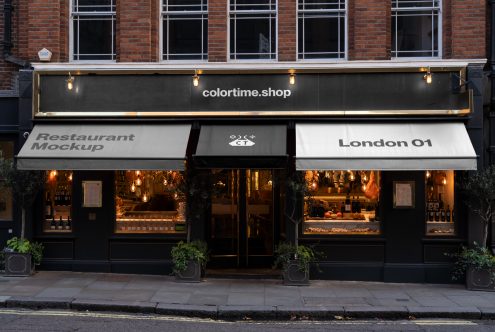 Realistic restaurant storefront mockup with customizable awning and signage, ideal for presenting branding projects and designs to clients.