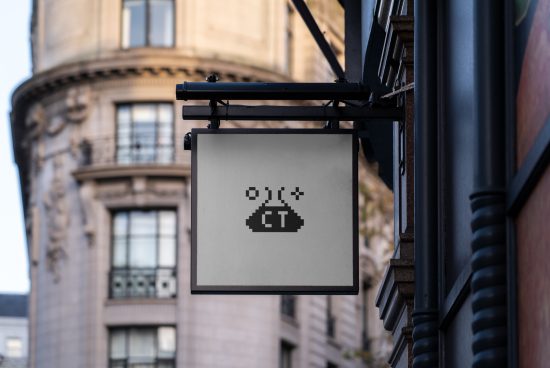 Urban signage mockup featuring pixel art style graphic on a square sign, ideal for branding presentations and graphic design showcases.