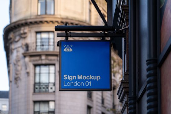 Outdoor sign mockup on a city street with clear blue background, ideal for branding presentations, graphic design assets.