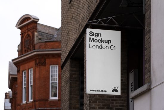 Urban sign mockup hanging on a brick building exterior in London, ideal for presenting branding and advertising designs.