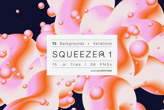 Graphic design asset Squeezeq+1 with 15 abstract pink and orange 3D bubble backgrounds, .ai and .png formats, from studioKLOROFORM perfect for creative projects.