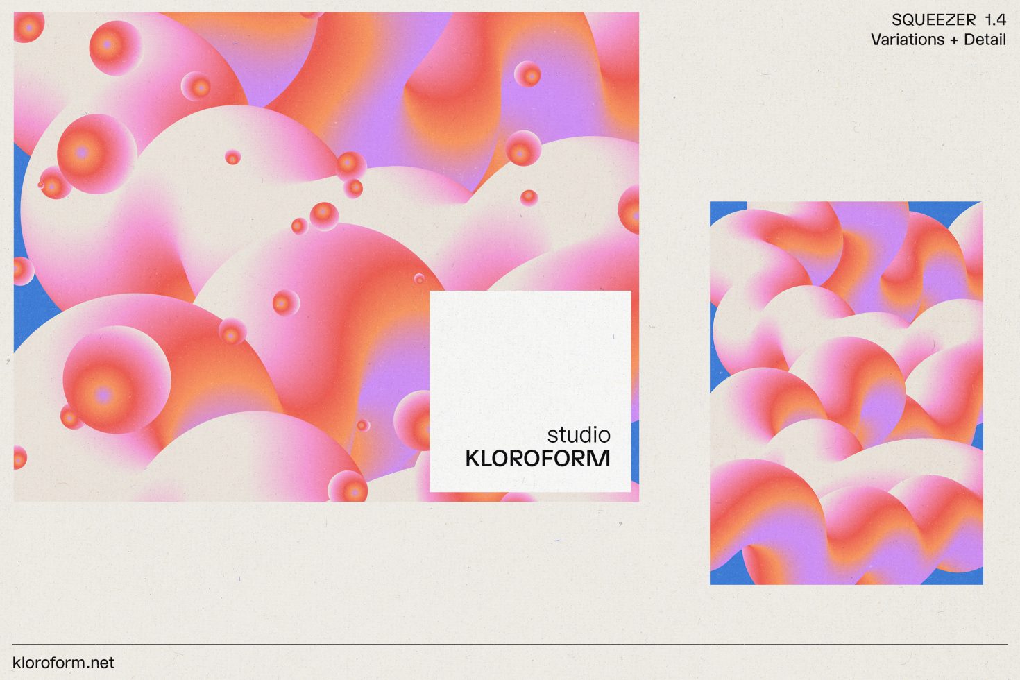 Colorful abstract graphics template by Studio Kloroform, featuring vibrant organic shapes in pink and orange for design assets.