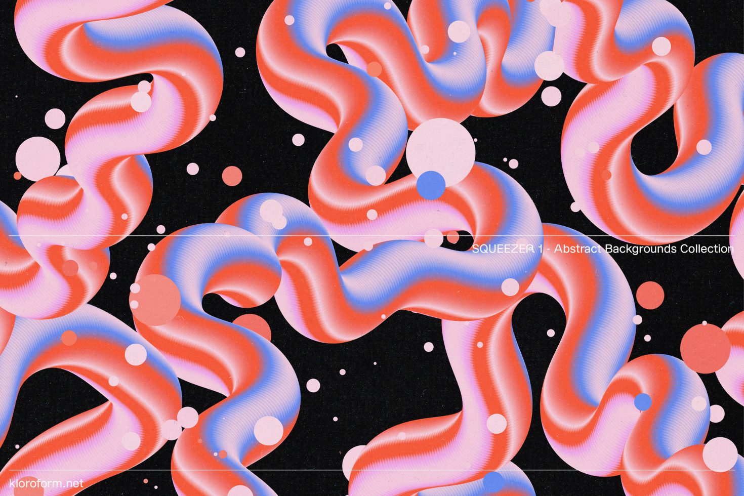 Vibrant abstract wavy design with pink and blue gradients on a dark background, surrounded by scattered circles, suitable for graphic templates.