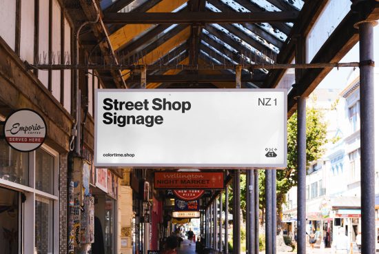 Street shop signage mockup displayed outdoors in a sunny urban setting, ideal for branding and design presentation for retail.