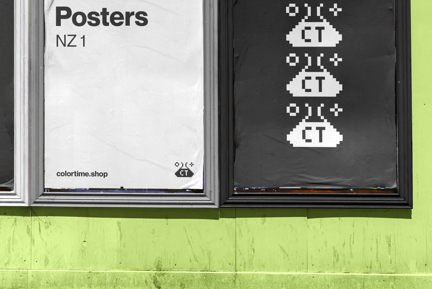 Graphic design poster mockups in urban setting with white and pixel art posters showcased on green wall for designers' template display.