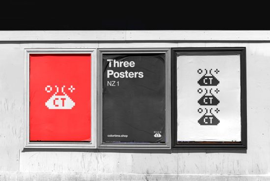 Three framed poster mockups on a wall with pixel art design, showcasing different colors and minimalistic style for graphic designers.